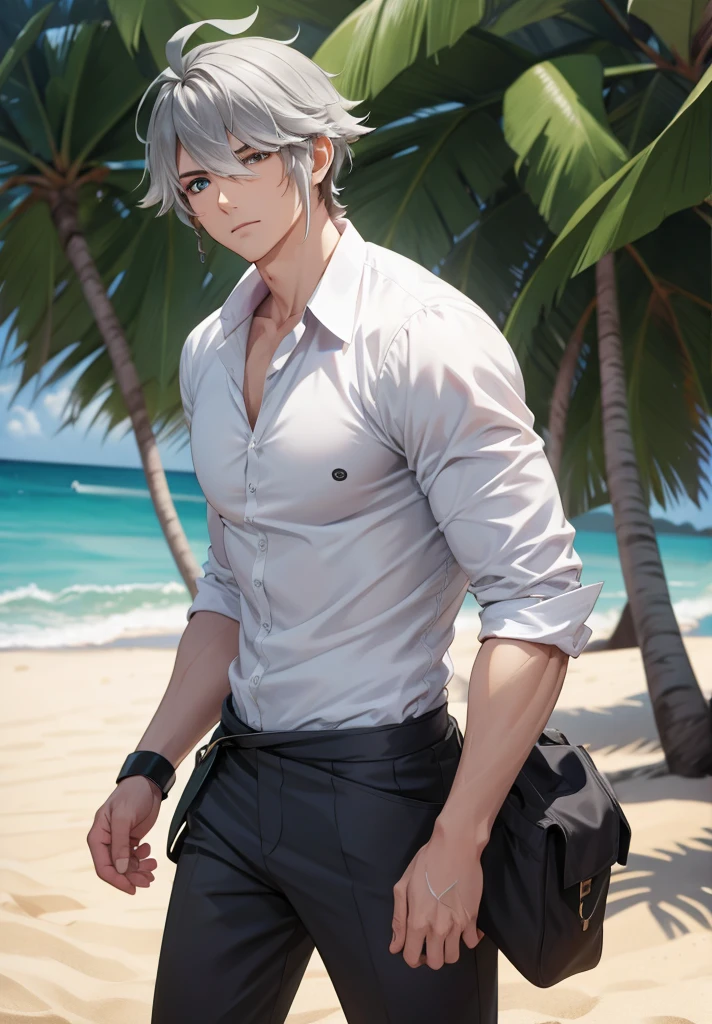 1 child,Alone,male focus,cowboy photo,alhaitham,Grey hair,short hair,Ahoge,green eyes,hair over one eye,shirt,shirt negra,gloves,shirt sin mangas,pants,standing, Pectorals,toned man,looking at the viewer , beach, sand.