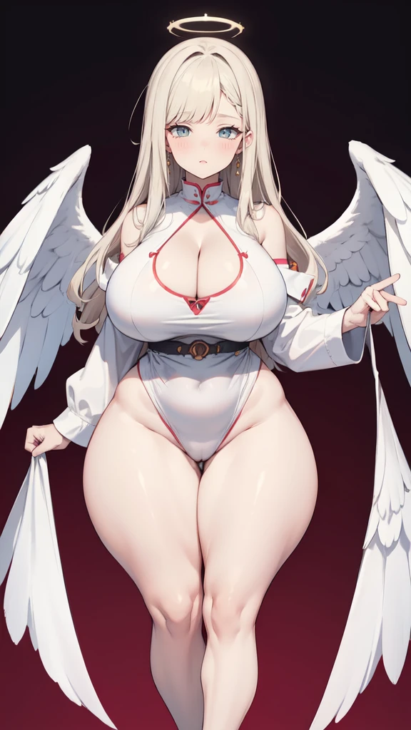 blank background, ((full body framing)), standing, (masterpiece), (best quality), huge girl, (muscular girl:0.8), (wide hips:1.5), (thin hair:1.7), massive breast, ((long legs:1.6)), big cleavage, cute:1.8, adorable:1.8, angel girl, (white wings), halo,solo, 1girl, ((thick thighs:1.4)), ((flying in air)), (one leg bent), white robe with long sleeves, barefeet