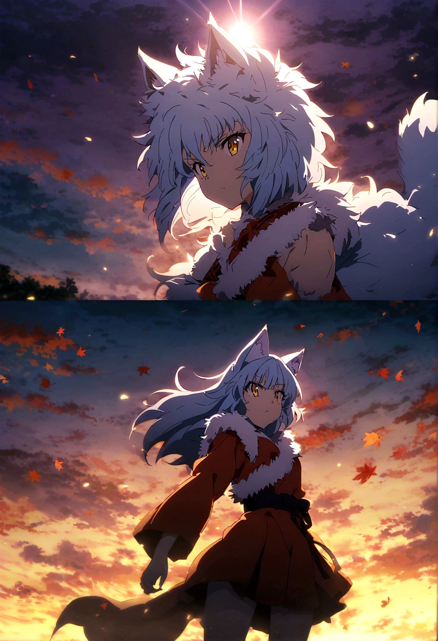 fox Light blue hair beast girl indigo fur fox beast girl fox Light blue hair beast girl indigo fur fox beast girl Sesshomaru, Yellow eyes, Anime, Perfect face, Perfect Lighting, Outdoors, Warm colors, Dark purple sky, Autumn sunset, \(inuyasha\), Bearing Claw, Ready to fightPerfect Lighting, Outdoors, Warm colors, Dark purple sky, Autumn sunset, fox Light blue hair beast girl indigo fur fox beast girl