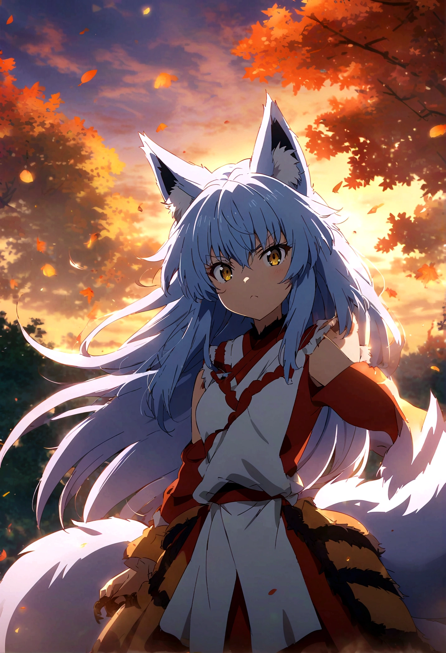 fox Light blue hair beast girl indigo fur fox beast girl fox Light blue hair beast girl indigo fur fox beast girl Sesshomaru, Yellow eyes, Anime, Perfect face, Perfect Lighting, Outdoors, Warm colors, Dark purple sky, Autumn sunset, \(inuyasha\), Bearing Claw, Ready to fightPerfect Lighting, Outdoors, Warm colors, Dark purple sky, Autumn sunset, fox Light blue hair beast girl indigo fur fox beast girl
