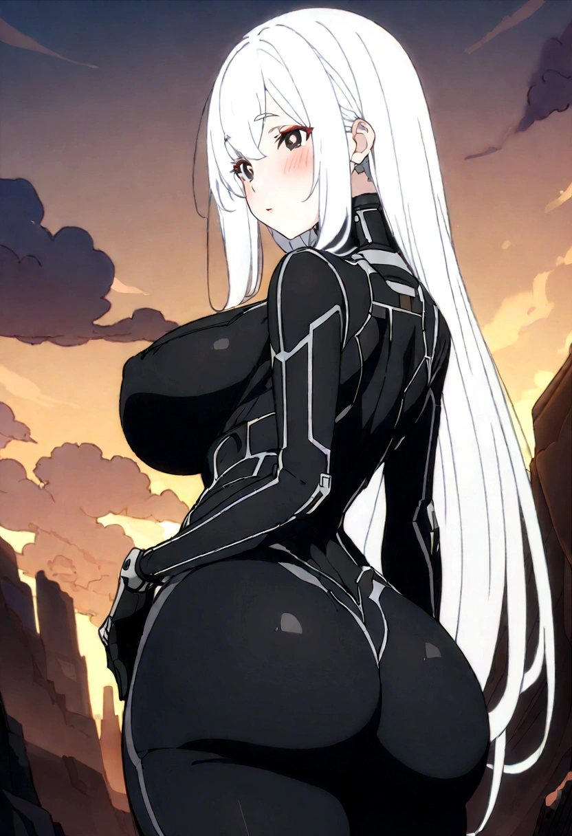 Masterpiece, High quality, High quality of art, anime lineart, 1girl,white hair, black eyes, white eyebrow, red eyeshadow, Tall, black cyber clothers, gray cyber pants, big ass, big hips, big chest, very blush, white hearts in eyes, in future bse