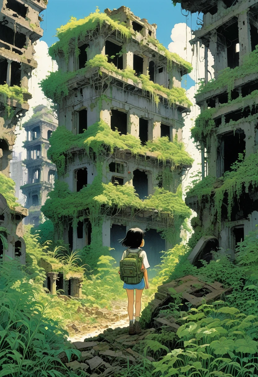 Draw a scene in the style of Katsuhiro Otomo, depicting a full-bodied girl exploring some dilapidated ruins. Behind her are crumbling buildings and overgrown weeds, and she carefully looks around as she moves forward.