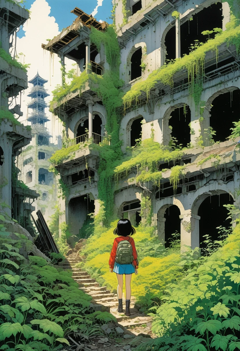 Draw a scene in the style of Katsuhiro Otomo, depicting a full-bodied girl exploring some dilapidated ruins. Behind her are crumbling buildings and overgrown weeds, and she carefully looks around as she moves forward.