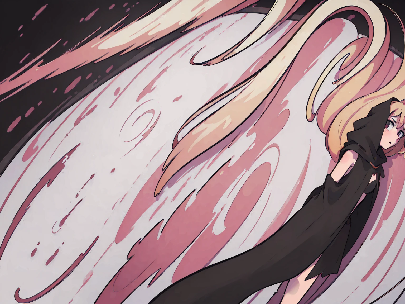 ((8k: 1.27), (maximum quality, art, super high resolution: 1.2), (4K illustration quality), Perfect Female Body, Slim body, long and curly hair, blond hair, ((naked underneath wearing a black cape)), No panties, No bra, showing legs proiminent nipples, small breasts, dark florest, (night), creepy
