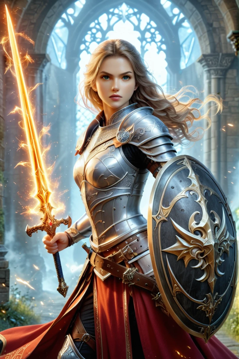 female knight, powerful aura, unleashing a slash, dynamic pose, glowing energy, intense expression, detailed armor, fantasy setting, battle scene, vibrant colors, magic, flowing hair, epic, fierce, shining sword, action, dramatic lighting, high contrast, sparks, mystical, warrior, heroic, ethereal, enchanted, strong, determined, anime style, intricate design, motion blur, radiant, fierce battle, medieval fantasy, power, dramatic, swirling energy