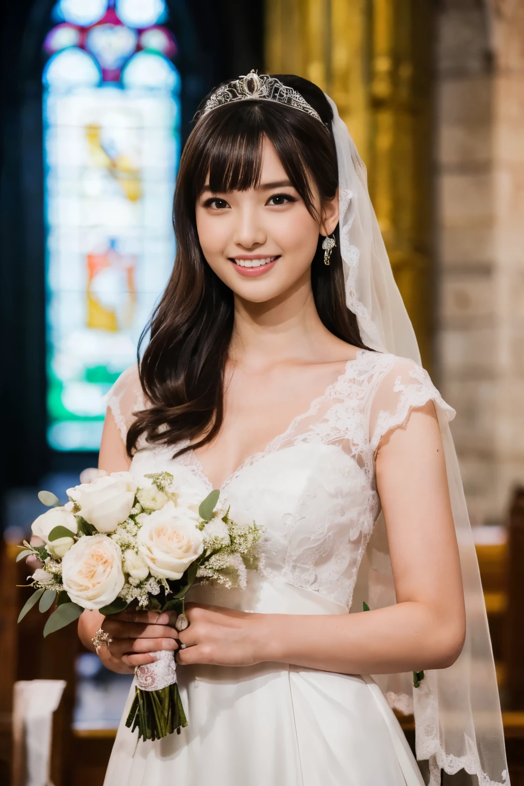 ((Tabletop:1.4, Highest quality)), (Realistic photos:1.4), 
((1 Girl)), (Super Beauty), (Princess),
(超High resolution:1.2), Very delicate and beautiful, wonderful, Very detailed CG Unity 8k 壁紙, Very detailed, High resolution, 
Soft Light, Beautiful detailed girl, Very detailed目と顔, Beautiful and detailed nose, Beautiful and detailed, 
(Wearing a wedding dress:1.3), 
Cinema Lighting, Perfect Anatomy, Slender body, , (Parted bangs),
(Inside the church:1.3), (ステンドグラスの光がInside the churchに当たっている), (Striking a seductive pose:1.3)
, Looking at the audience, smile,Full body photo,
