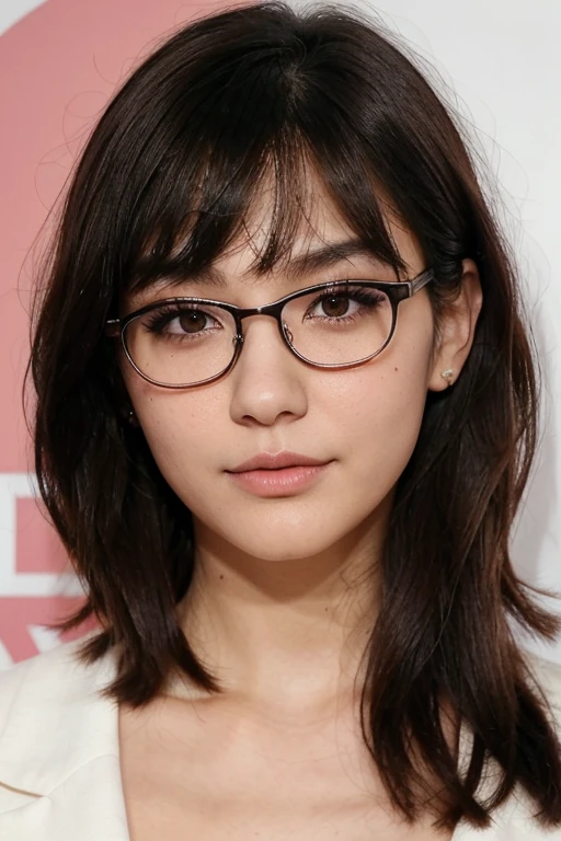 I want to create a dark-haired, skinny girl, short hair, short bangs and slanted medium eyes, the eye color that is dark brown, medium small nose and heart-shaped lips a little pompous, two moles under the lip on the left side and a single mole near the chin, round face, at the beginning of the eye I would like them to add a small skin like Asian eyes and double eyelid, with glasses, between the cheek and the eye that has a mole on the left side of the face