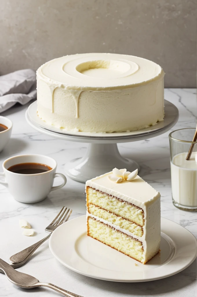 Make me an image with a glass of milk and a slice of simple vanilla cake, not so elaborate