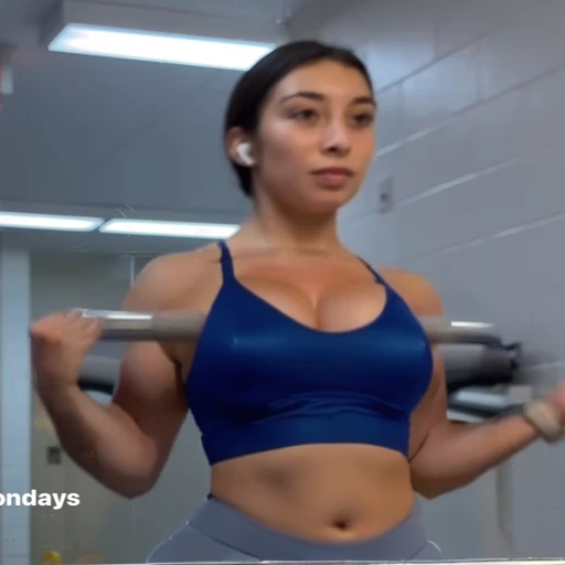 there is a woman in a blue top is standing in a bathroom, violet myers, showing off biceps, chun li at the gym, working out, centered shoulders up view, flexing, crop shirt and strong abs, fit girl, her face flushing and sweat, shoulders up, bursting with muscles, posing and flexing, muscles, shoulders can be seen, Big tits, huge tits, no clothes, sexy, cute, wide hips, thick thighs, pear-shaped body, minimal clothes, thick, bbw, chubby stomach, thick nipples, nipple piercings, large areola, hard nipples, piercing through shirt, nipples hard through shirt, busty, major cleavage, naked, ripping through top, spilling over sides, bra too tight, giant , dominatrix, dominatrix clothes, huge giant , upper body zoom, only wearing bikini, chubby stomach, massive and waist