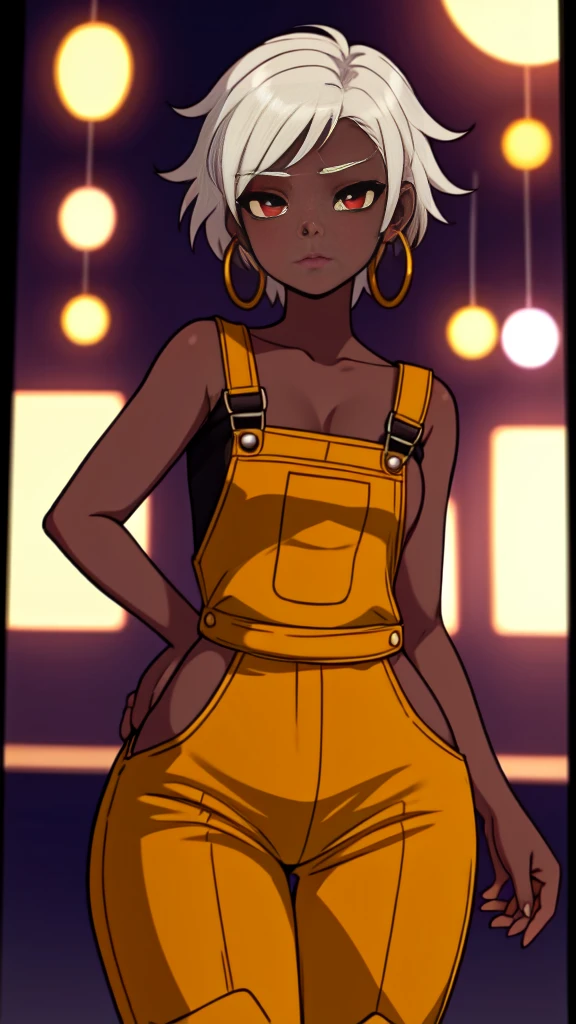 masterpiece, best quality,1girl, ((young girl)), ((large round magical red eyes)), shiny skin, (thin waist), (white hair), ((curvy)), ((wide hips)), ((hoop earrings)), ((small)) , (((yellow overalls))), hot, soft natural lighting, reflections, bright illuminations, deep dark black skin, ((yellow outfit))