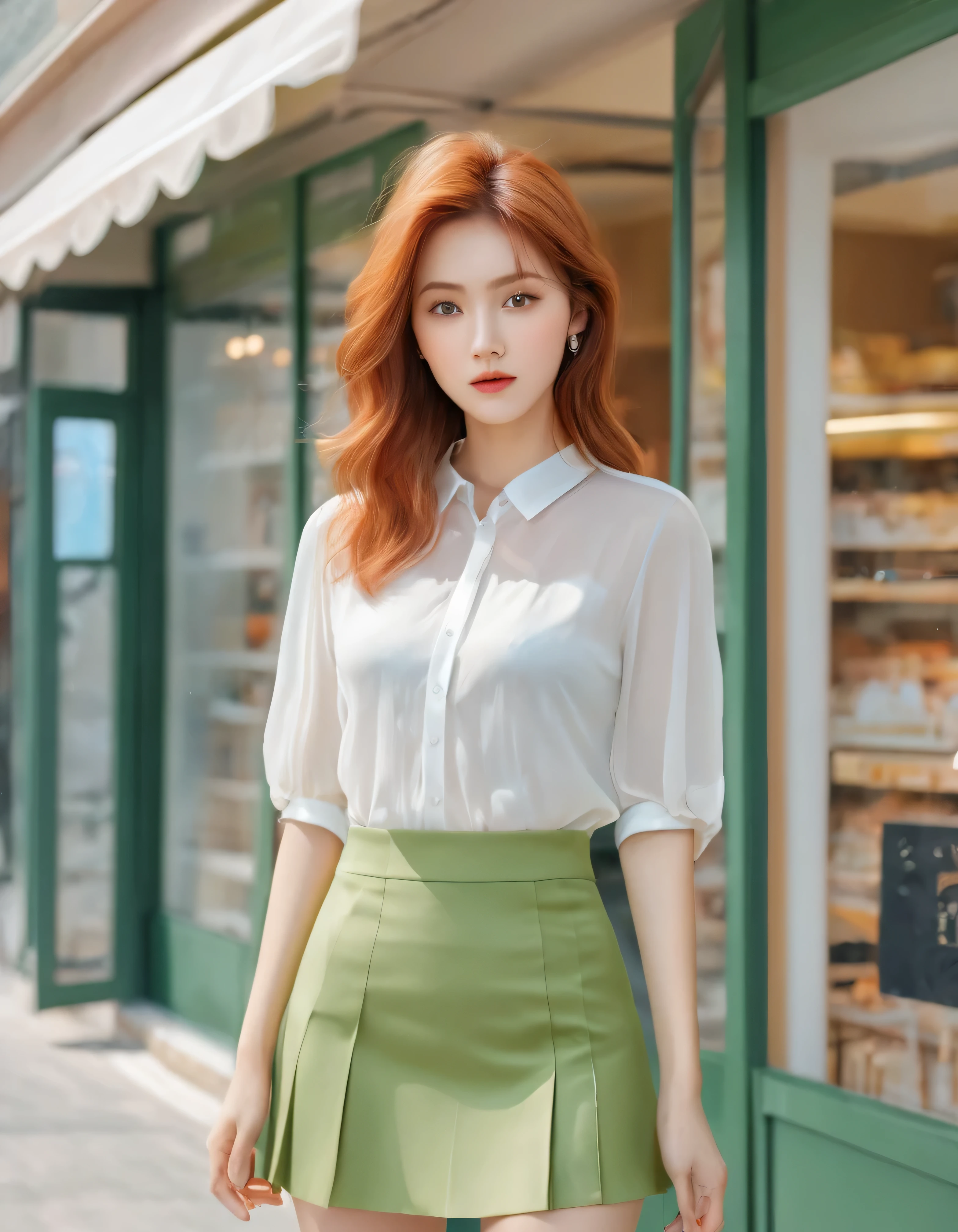 (best quality, 4k, Masterpiece, Ultra detailed, hyperrealism, RAW), Super beautiful girl, light green eyes, (Orange hair, short hair), standing with legs apart looking at the horizon, full and perfect body, Transparent blouse , Buttoned up, perfect body, ((short pleated skirt)), stockings, standing in the entrance of PAN store,
