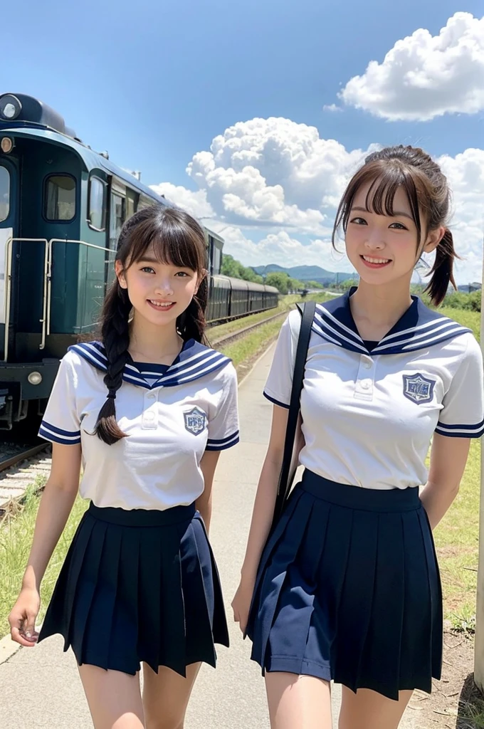 2 girls walking in rural railway station,cumulonimbus cloud in summer blue sky,white sailor shirt and navy blue pleated skirt,18-year-old,bangs,a little smile,thighs,knees,wet short hair with low pigtails bunches,from beside,front light