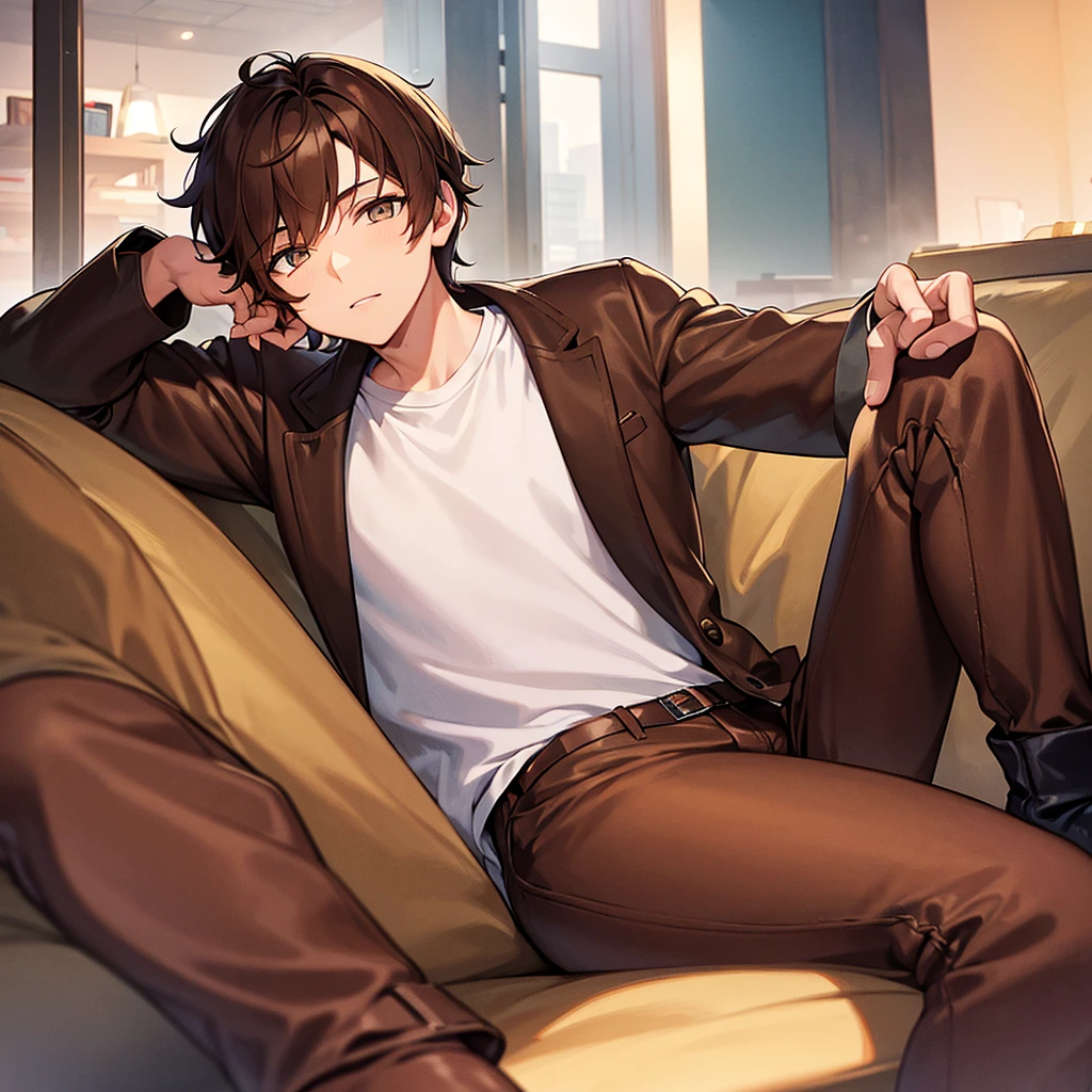 Lazy guy with brown hair, amber eyes, white shirt, blue jacket, dark brown loose pants and brown leather boots