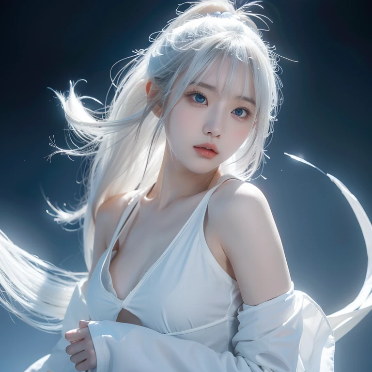 White Background、Professional Lighting、(((Professional Lighting 1.5)))、Translucent skin texture、Beautiful Skin、Beautiful Skin、、Off the shoulder、(((White Dress、See-through 1.5)))、fluttering feathers、Ecstasy of Musical Notes、(())、Face close-up