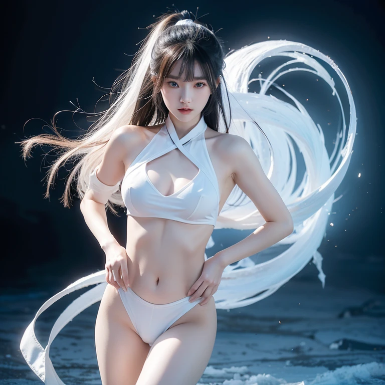 Korean girl, white long hair with bangs, icy blue eyes, white skin, white skimpy ninja suit, video game style, mortal kombat style