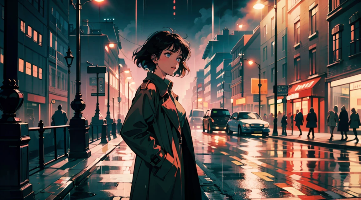 Rainy street lamp, London,Classic atmosphere, Adult woman wearing a trench coat, ,Perfect Face, Looking Away, (Backlight: 1.1), A scene from a movie, Soft Shadows, masterpiece, Highest quality, Complex, Model shooting style, Vintage, Film Grain, Wide shot wet hair、Red lipstick