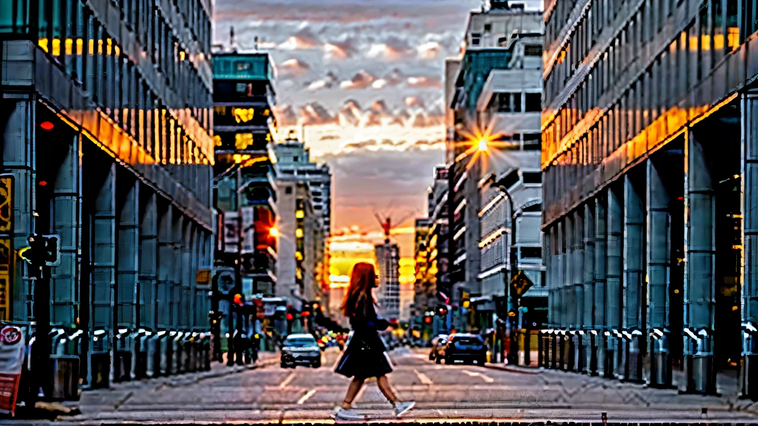 A sunrise in a deserted city. The camera follows a young woman (25 years old) walking alone along an empty street, her expression is melancholic. The pace is slow and the atmosphere is gray and cloudy.