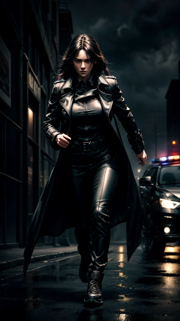 a person in a black trenchcoat running away from police, detailed facial features, detailed clothing, dark and moody atmosphere, dramatic lighting, cinematic, realistic, photorealistic, 8k, best quality, masterpiece, high contrast, intense colors, dynamic composition