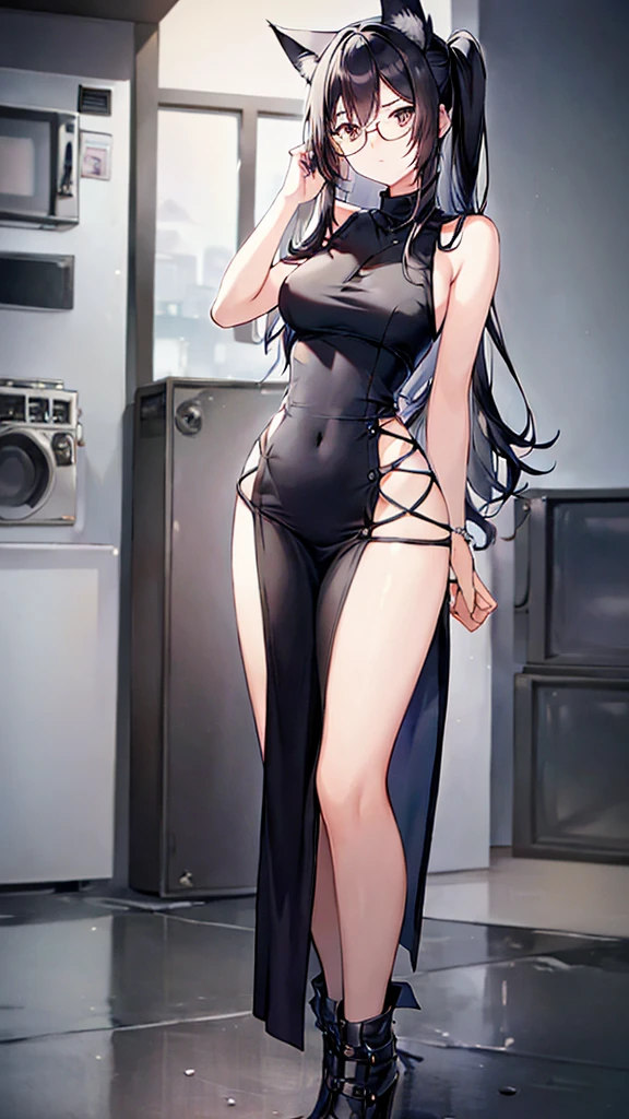 A 20-year-old cat girl with long black hair, gray eyes, chest, wearing glasses, a thigh-length black evening dress, standing, looking to the side.