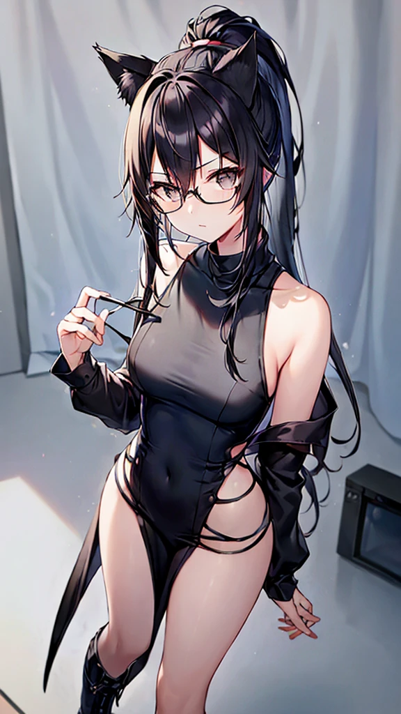 A 20-year-old cat girl with long black hair, gray eyes, chest, wearing glasses, a thigh-length black evening dress, standing, looking to the side.