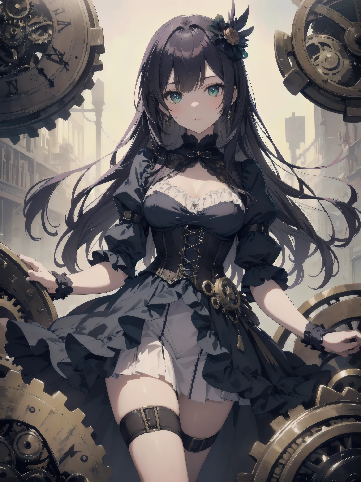 A whimsical Victorian-steampunk fusion portrait featuring Blake Akane Kurokawa as a kawaii protagonist. Set against a muted backdrop, she poses in front of an antique clockwork mechanism, surrounded by intricately crafted gears and cogs. Her dark blue-purple chibi hair falls in soft waves around her face, framing her bright green eyes. A delicate corset adorns her  frame, accentuating her waist, while a voluminous skirt flows behind her like a misty veil. Lace, ruffles, and ribbons adorn the hem, adding a touch of femininity to this steampunk-inspired masterpiece.