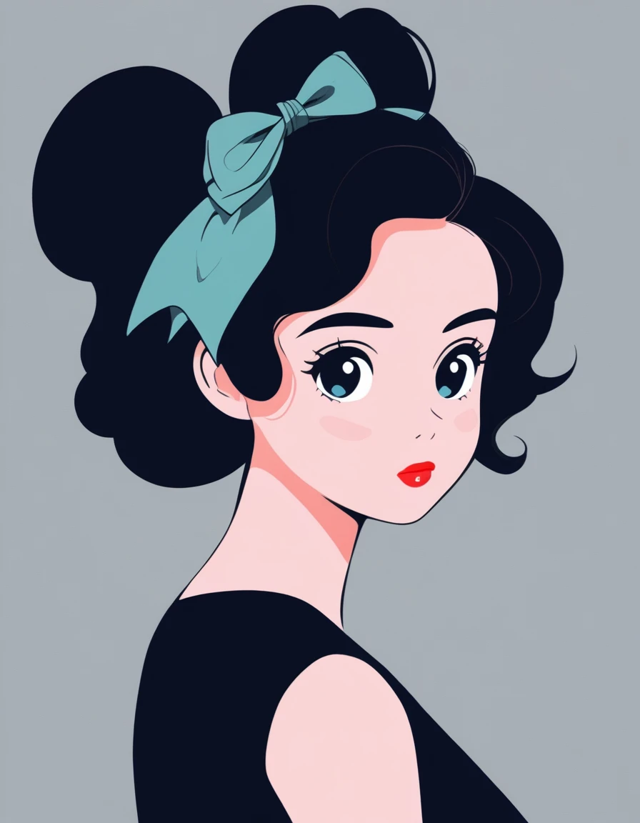 with a bow in her hair, with black background