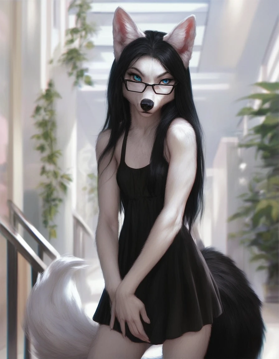 Solo, score_9,score_8_up,score_7_up, (a young nerdy Anthro furry wolf woman, wolf snout, black nose, white furry body, white fur, detailed fur, tall, long black hair, straight black hair, white wolf tail, blue eyes, black glasses, white wolf ears, white wolf tail, small breasts, wearing black trendy romper), standing, outdoors at a mall, front view, cutely pouting, hugging herself,