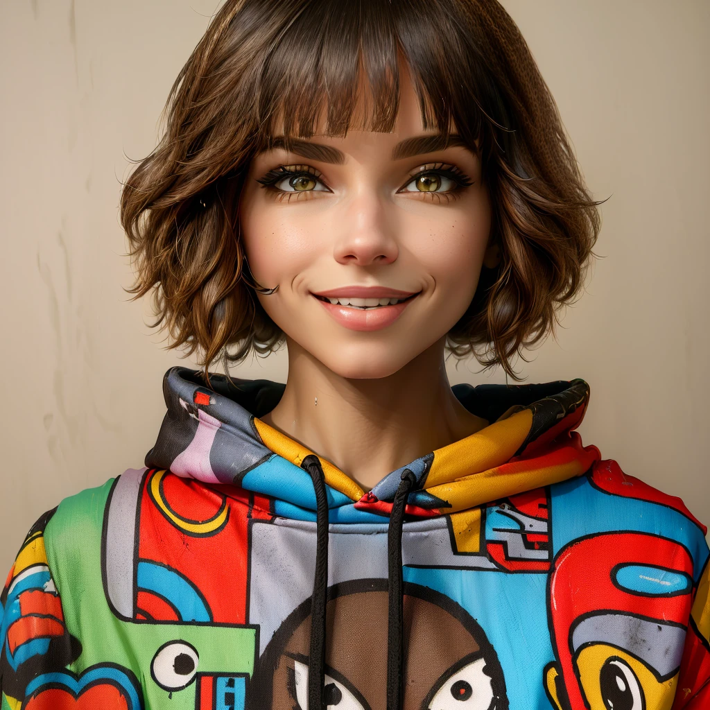 arafed woman with a colorful hoodie and a smile, cartoon look, anna nikonova aka newmilky, girl wearing hoodie, she is wearing streetwear, digital art. colorful comic, cartoon digital art, kiki picasso style, beauty woman with detailed faces, black haired girl wearing hoodie, style of julia razumova, cartoon digital painting, toyism