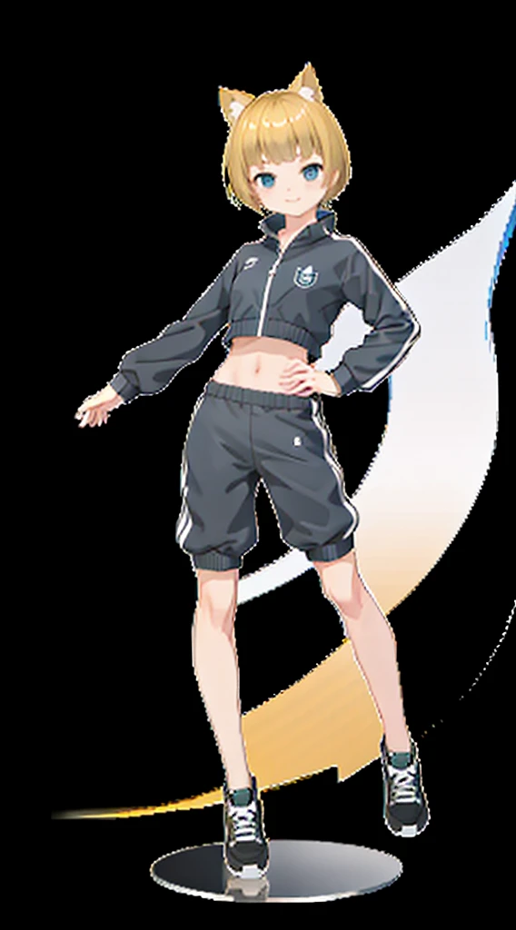 high resolution、Not blurry、high quality、Cool background black shorts、Showing your belly button、Short Hair、The background is flashy、Social game character portraits、One girl, Like the whole body,Blonde, Shortcuts、Blonde Hair,Navy blue tracksuit、Tracksuit with white lines on the shoulders、Browsing Caution,Cat ears of the same color as the hair,fold,fold,fold