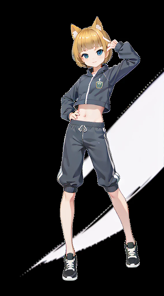 high resolution、Not blurry、high quality、Cool background black shorts、Showing your belly button、Short Hair、The background is flashy、Social game character portraits、One girl, Like the whole body,Blonde, Shortcuts、Blonde Hair,Navy blue tracksuit、Tracksuit with white lines on the shoulders、Browsing Caution,Cat ears of the same color as the hair,fold,fold,fold