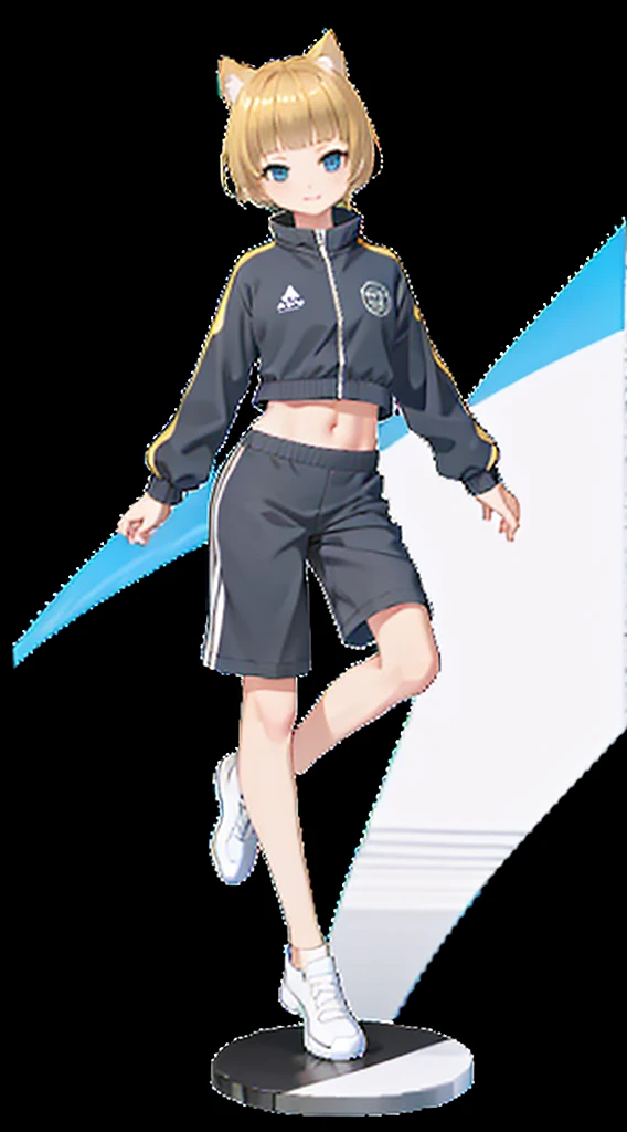 high resolution、Not blurry、high quality、Cool background black shorts、Showing your belly button、Short Hair、The background is flashy、Social game character portraits、One girl, Like the whole body,Blonde, Shortcuts、Blonde Hair,Navy blue tracksuit、Tracksuit with white lines on the shoulders、Browsing Caution,Cat ears of the same color as the hair,fold,fold,fold
