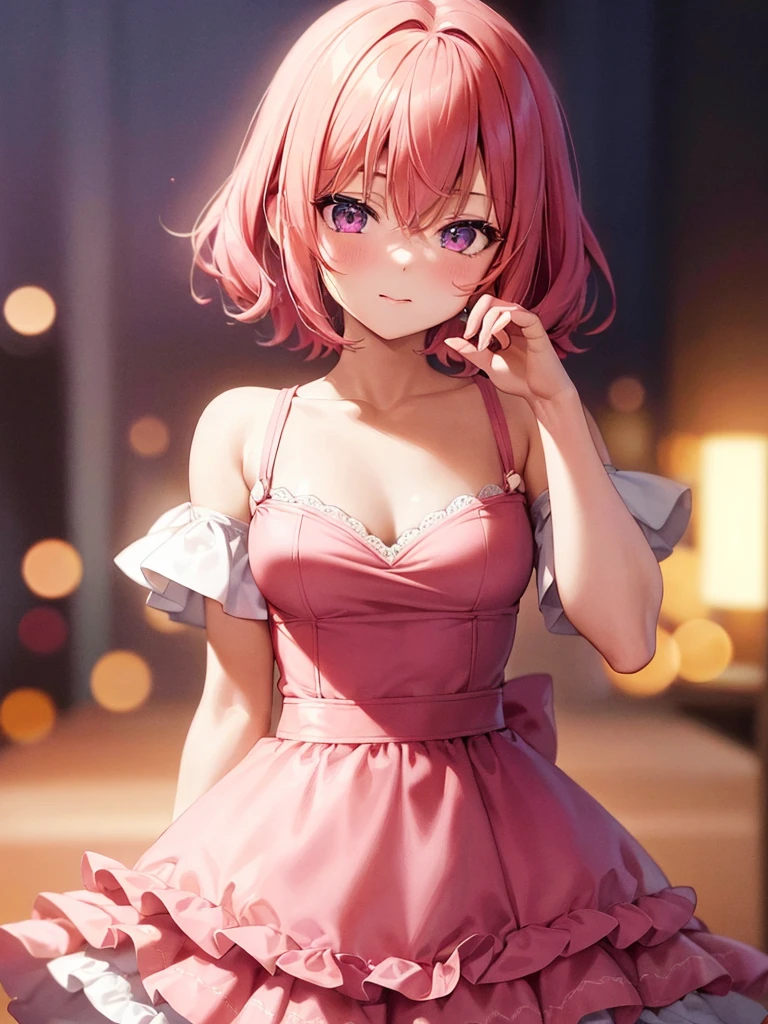 1girl, portrait, loli anime girl with short pink hair wearing maid outfit, pink hair with blue gradient shades, pink eyes, close up face, detailed eyes, detailed hair, emotional lovely happy expression, crystal glowing eyes, cinematic lighting, extremely detailed body, face, clothes, (best quality,4k,8k,highres,masterpiece:1.2),ultra-detailed,ultra HD, masterpiece, very very anime style, bokeh, starry shining lighting, original characters 