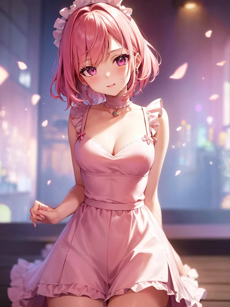 1girl, portrait, **** anime girl with short pink hair wearing maid outfit, pink hair with blue gradient shades, pink eyes, close up face, detailed eyes, detailed hair, emotional lovely happy expression, crystal glowing eyes, cinematic lighting, extremely detailed body, face, clothes, (best quality,4k,8k,highres,masterpiece:1.2),ultra-detailed,ultra HD, masterpiece, very very anime style, bokeh, starry shining lighting, original characters 