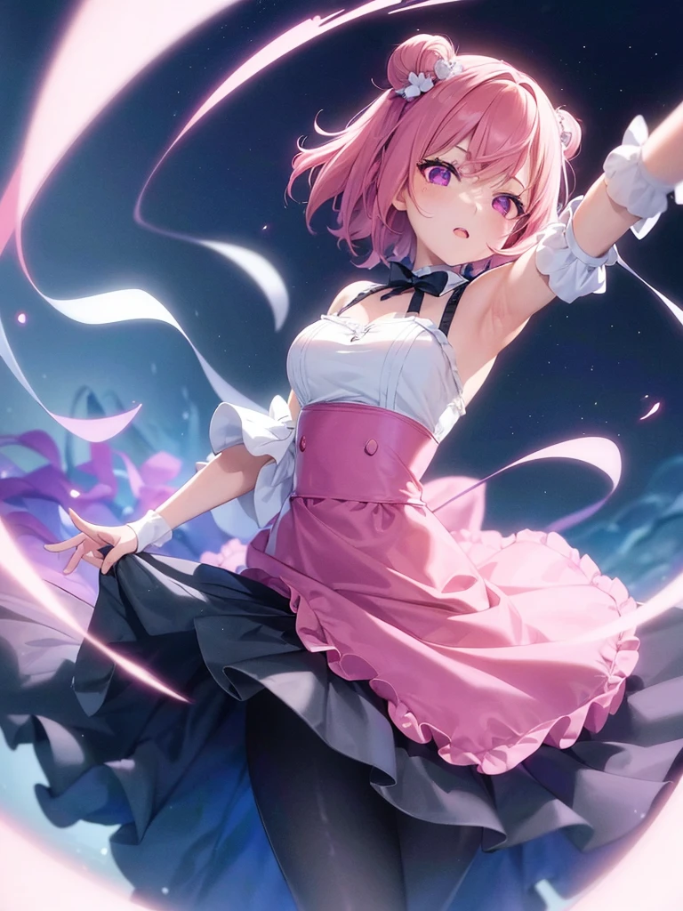 1girl, portrait, loli anime girl with short pink hair wearing maid outfit, pink hair with blue gradient shades, pink eyes, close up face, detailed eyes, detailed hair, emotional lovely happy expression, crystal glowing eyes, cinematic lighting, extremely detailed body, face, clothes, (best quality,4k,8k,highres,masterpiece:1.2),ultra-detailed,ultra HD, masterpiece, very very anime style, bokeh, starry shining lighting, original characters