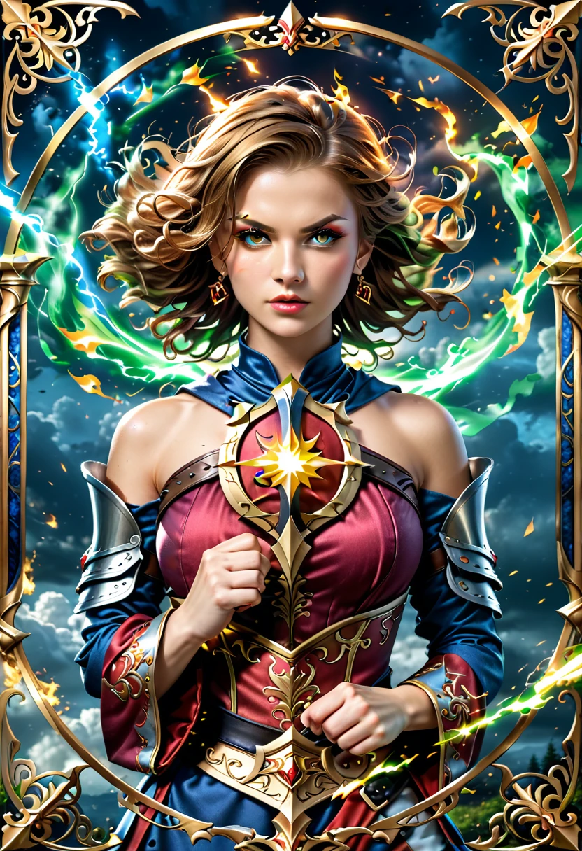 female knight, powerful aura, unleashing a slash, dynamic pose, glowing energy, intense expression, detailed armor, fantasy setting, battle scene, vibrant colors, magic, flowing hair, epic, fierce, shining sword, action, dramatic lighting, high contrast, sparks, mystical, warrior, heroic, ethereal, enchanted, strong, determined, anime style, intricate design, motion blur, radiant, fierce battle, medieval fantasy, power, dramatic, swirling energy