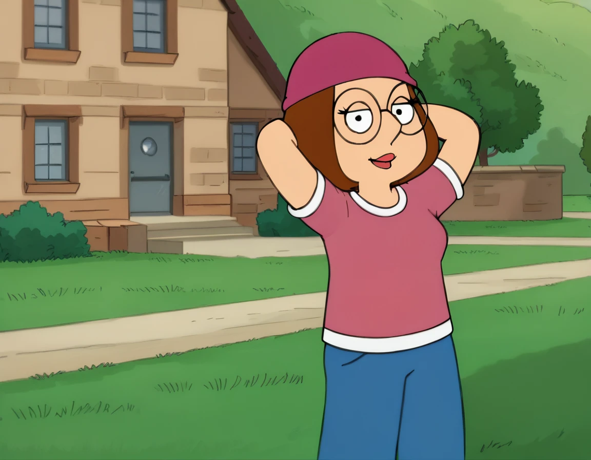 meg, (((1girl, solo, alone, short brown hair, glasses))), flat color, looking at viewer, smile,
blue pants, beanie, pink shirt,
standing, hands behind head, sexy pose, dynamic pose, dynamic angle, cowboy shot,
outdoor, house, day,