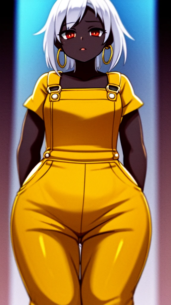 masterpiece, best quality,1girl, (( girl)), ((large round magical red eyes)), shiny skin, (thin waist), (white hair), ((curvy)), ((wide hips)), ((hoop earrings)), ((small)) , (((yellow overalls))), hot, soft natural lighting, reflections, bright illuminations, deep dark black skin, ((yellow outfit))