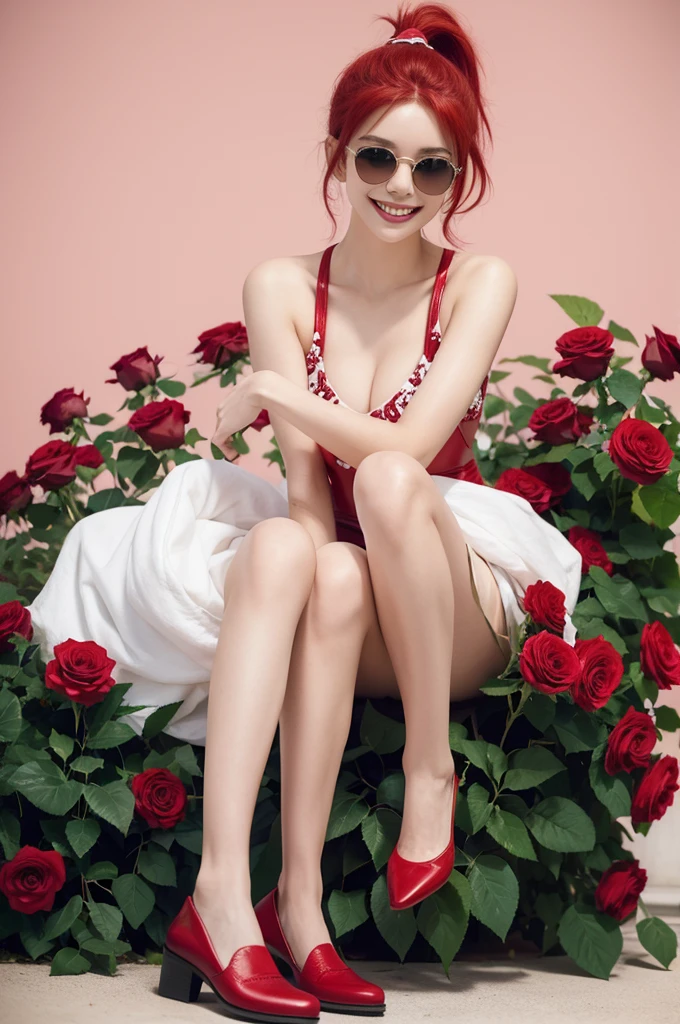 Beautiful girl with double ponytail,Red and white hair color,JK clothing,sunglasses,Rose background image,Fine details,Small leather shoes,Smiling face,Holding roses