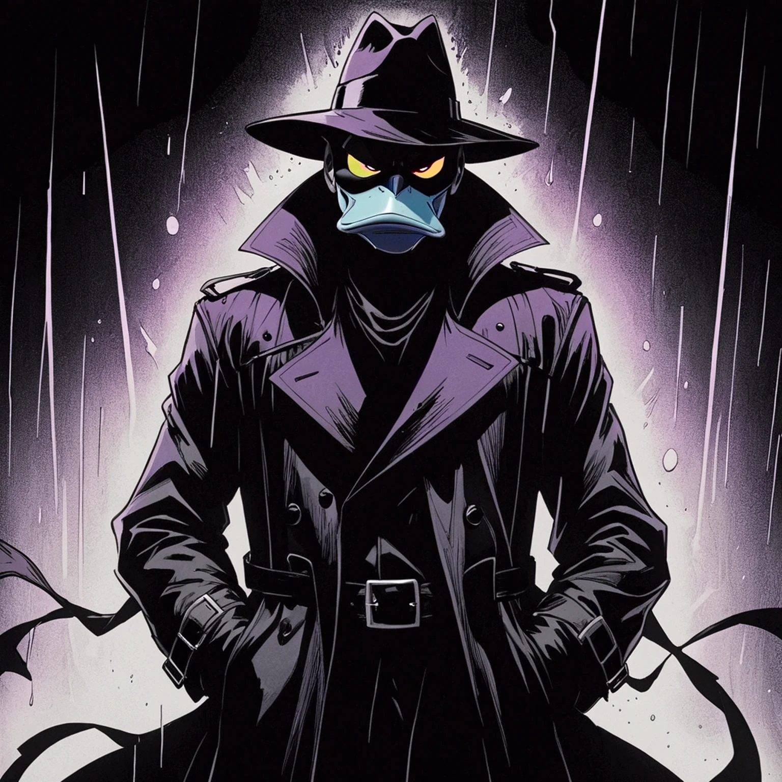 VHS, glitch, distorted, nostalgia, 90's retro vibes, analog tape, vcr aesthetics, tv, television, hand drawn, (full roygbiv color) ink charcoal expressive illustration, no light source, darkness, light mask uv rays across face, splash page, cinematic, darkwing duck wearing black trenchcoat, abyss black void coat, shades of darkness, no light source, hand drawn, animated, rotoscope, consuming insatiable darkness black trenchcoat