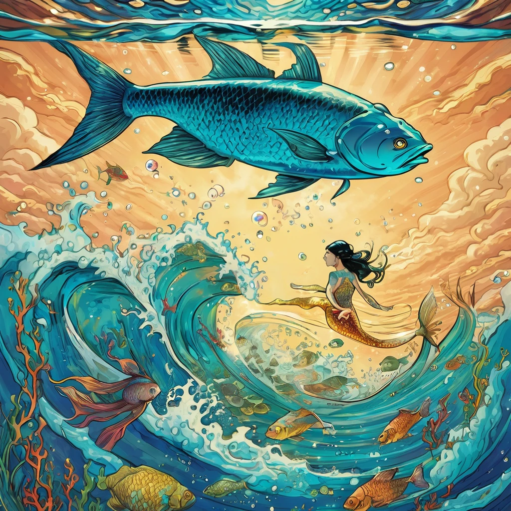 comics,A person swimming in a fish tank,A wave emerges from the fish tank, Tarot design, Mermaid和鱼, Tarot, On the ocean, Swim across the ocean, Tarot art, Mermaid, Traveling the Universe, Under the Sea, Full color illustrations, deep sea