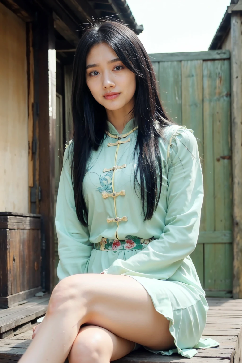 best quality, masterpiece, ultra high resolution, photo realistic, realistic, RAW photo, The ultimate idol model beauty, (happy smile:1.3), looking at viewer, sitting, Facial lighting,Bright backlight, beautiful ancient chinese castle background、outdoor, Medium chest,Ultra-high resolution,Highest quality,photograph,4K,(Realistic:1.2),Phong Bao Bao,One idol girl,alone,Brown eyes,black hair,straight_hair,cute,Cosplay,Fong Baobao (Exile),Are standing,Tilt your head,light makeup,Innocent look,Chinese clothes are light green,Green Dress,thigh,