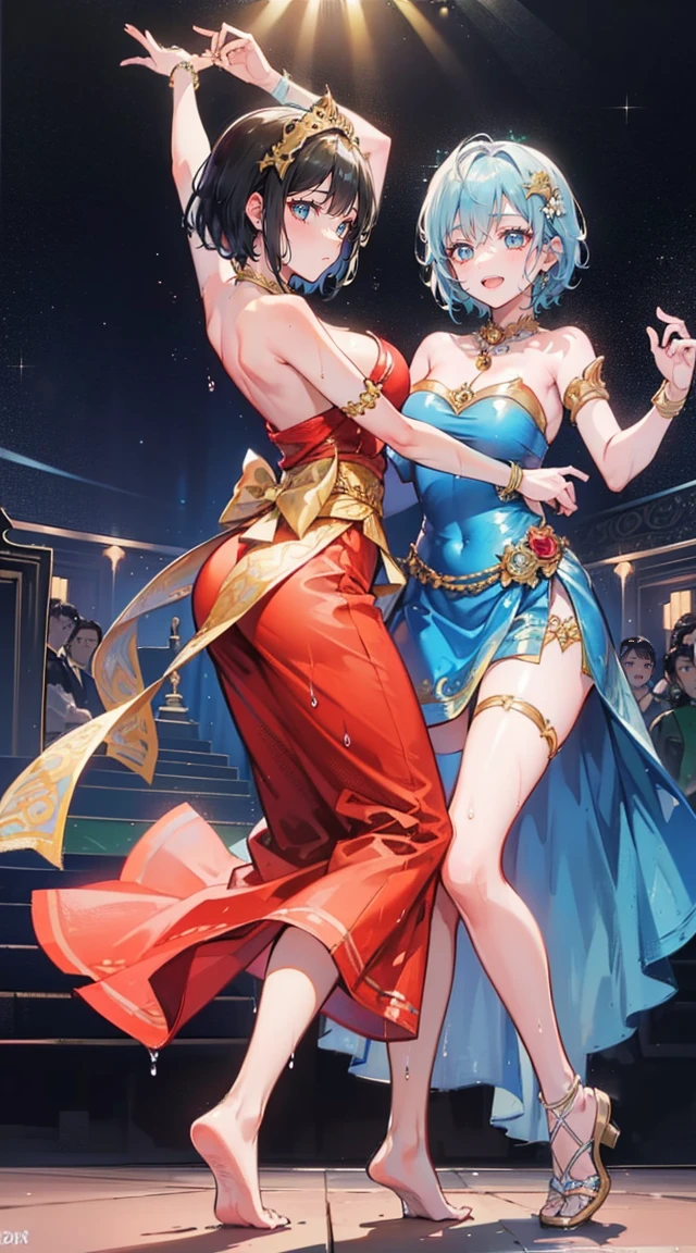 (2 young women ,beautiful woman),(20-year-old girl),smile,(light green short hair),nobility,(princess),blue student,Tall figure,((Strapless Thai dress)),low skirt,(Strapless Thai dressที่ไม่ทีสาย),lolita skirt,Show your legs,Barefoot,red carpet,prom website,(nobility),(big tits),(Various poses),Highest quality、Highest picture quality、Masterpiece,, ,(((Umbilical drive,dance,dance,Thai dance))), (There's nothing hiding the pussy.), (no panties), (very good:1.2), (shy:1.2), (wet:1.2), (feel sexually happy:1.6),