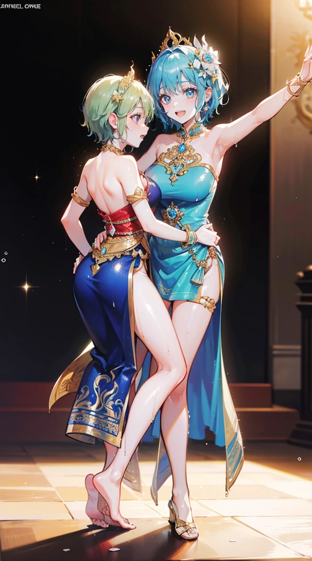 (2 young women ,beautiful woman),(20-year-old girl),smile,(light green short hair),nobility,(princess),blue student,Tall figure,((Strapless Thai dress)),low skirt,(Strapless Thai dressที่ไม่ทีสาย),lolita skirt,Show your legs,Barefoot,red carpet,prom website,(nobility),(big tits),(Various poses),Highest quality、Highest picture quality、Masterpiece,, ,(((Umbilical drive,dance,dance,Thai dance))), (There's nothing hiding the pussy.), (no panties), (very good:1.2), (shy:1.2), (wet:1.2), (feel sexually happy:1.6),
