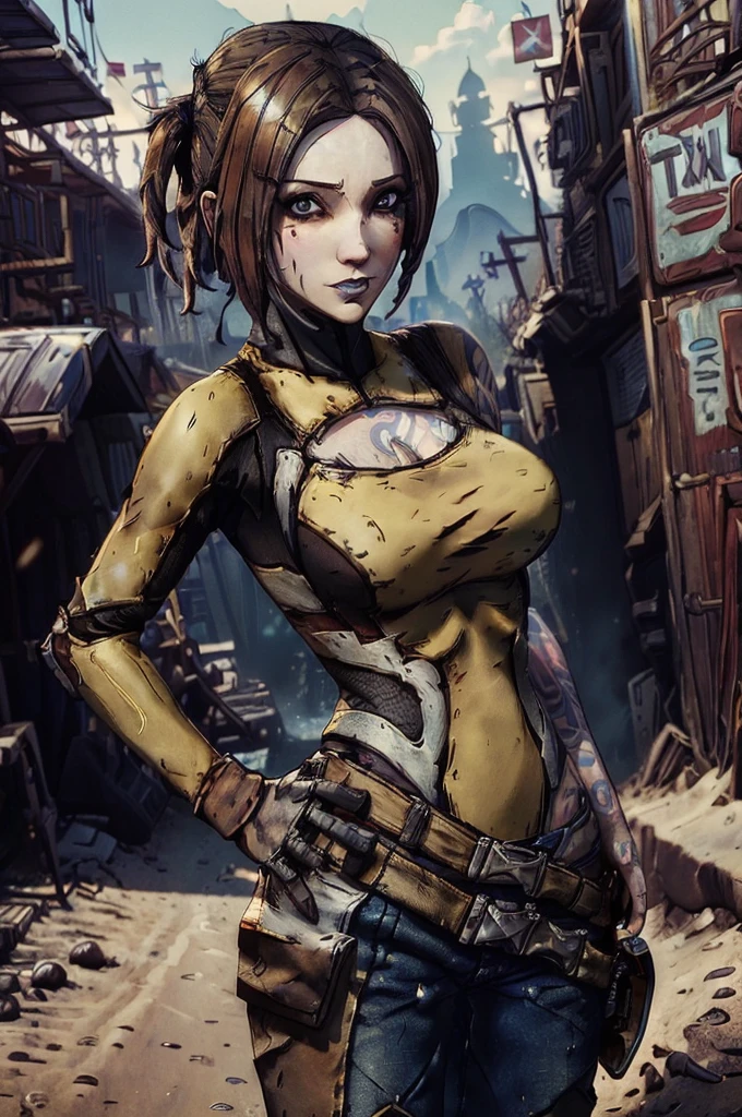 (((Masterpiece))), (((Best Quality: 1.4))), ((Super Detail: 1.4)) , Female, bandit (borderlands), standing, full breast, 4K, 8K, perfect eyes, perfect hands,