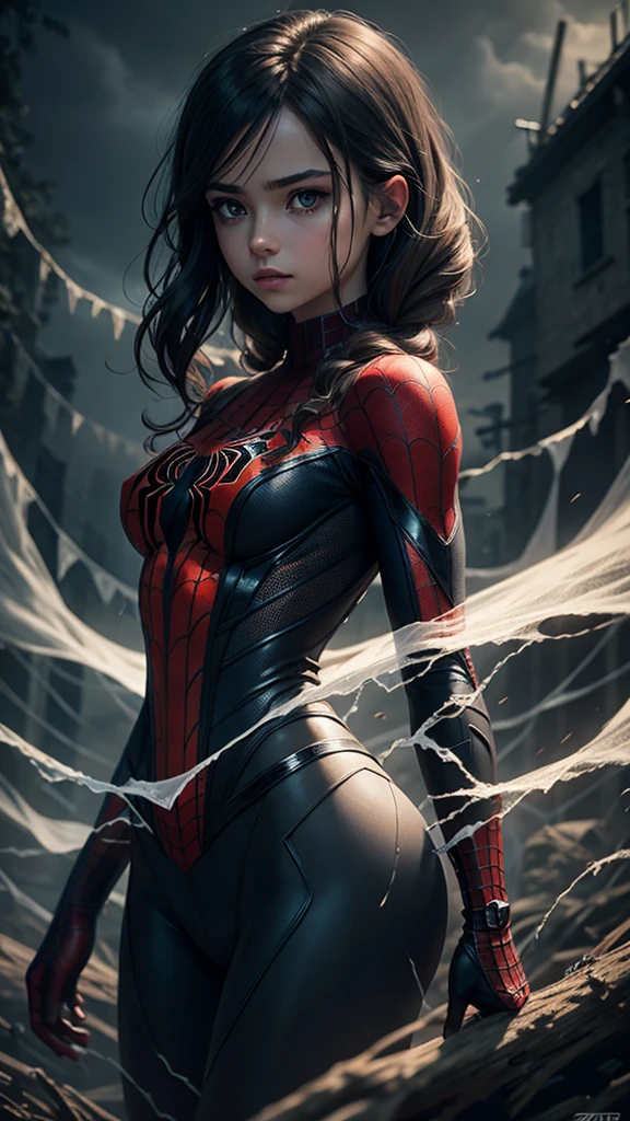 A girl wearing a Spider-Man costume, surrounded by ghostly spider webs, in a dark and eerie atmosphere, detailed and realistic, cinematic lighting, dramatic colors, muted tones, moody atmosphere