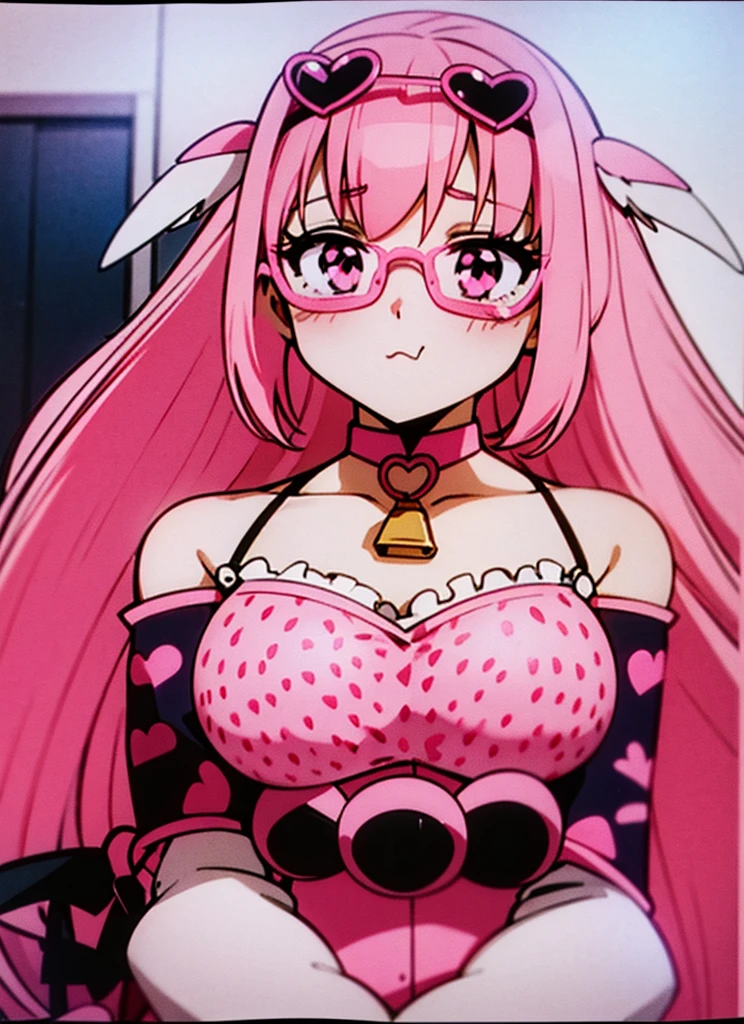anime girl with shoulder lenght pink hair and white glasses posing for a picture, pink girl, pink skin, kawaii aesthetic, kawaii, e-girl, pink cow ears with pink bows, white fuzzy jacket with pink spots, pink heart eyes, pink choker with cowbell, cheek piercings, white bra