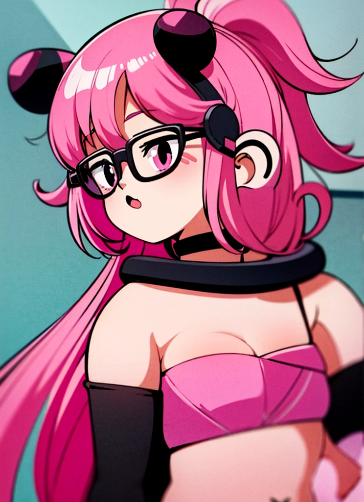 anime girl with shoulder lenght pink hair and white glasses posing for a picture, pink girl, pink skin, kawaii aesthetic, kawaii, e-girl, pink cow ears with pink bows, white fuzzy jacket with pink spots, pink heart eyes, pink choker with cowbell, cheek piercings, white bra