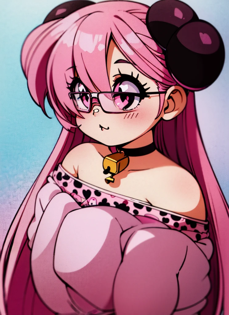 anime girl with shoulder lenght pink hair and white glasses posing for a picture, pink girl, pink skin, kawaii aesthetic, kawaii, e-girl, pink cow ears with pink bows, white fuzzy jacket with pink spots, pink heart eyes, pink choker with cowbell, cheek piercings, white bra