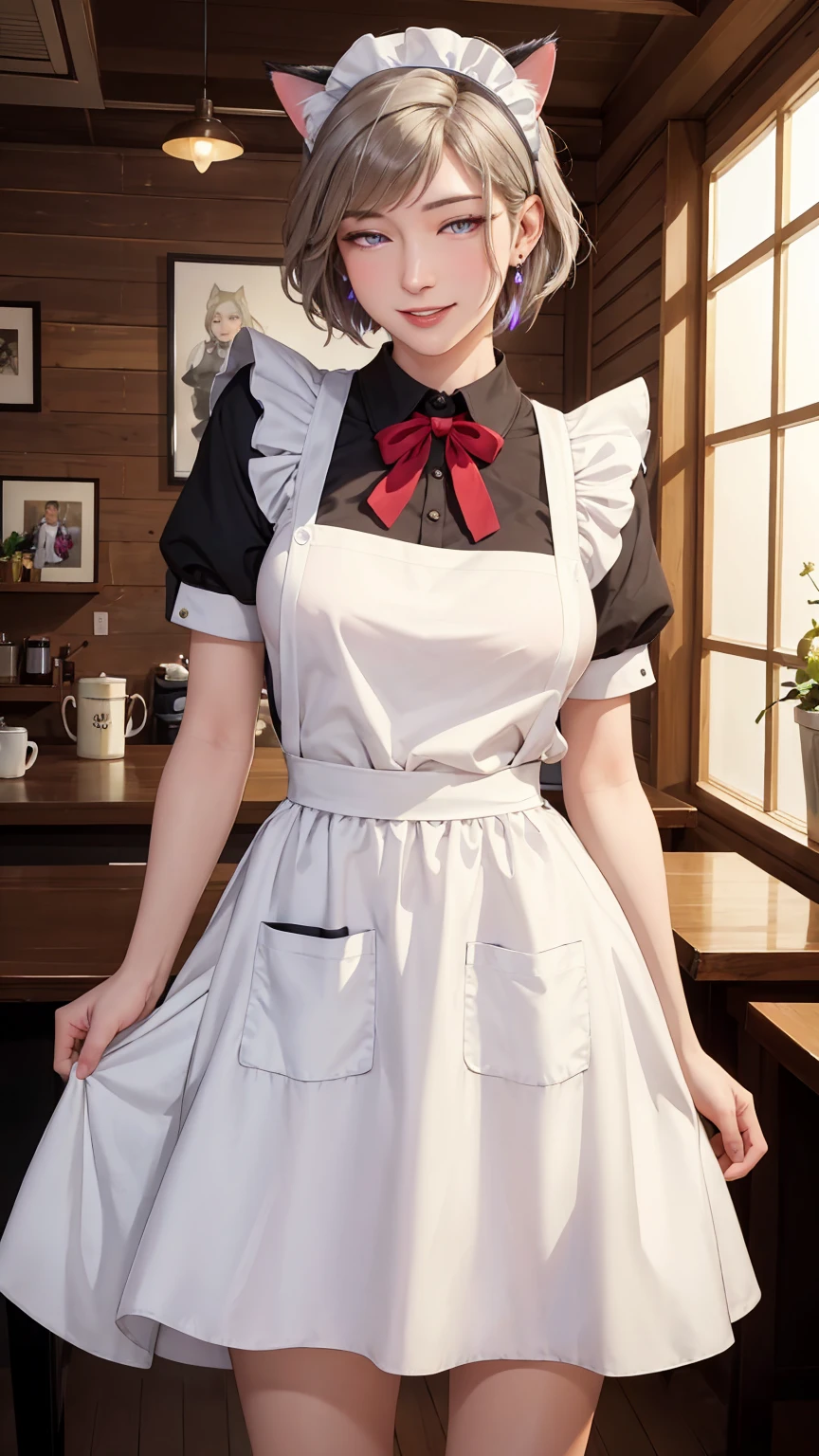 ((((masterpiece, Highest quality, High resolution)))), Extremely detailed 8K, Beautiful girl with a voluptuous body, (Ultra HD, Super detailed, Very detailed, Very realistic, Ultra-realistic, Photo Real), (One girl:1.5), (Realistic white hair), (Short Wavy Hair, hair ornaments, Earrings), (Dynamic pose), To the camera, View your viewers, (blush, Embarrassing, smile), (Purple eyes, Sharp eyes), (Firm breasts:1.2), (Beautifully detailed face, Beautiful attention to detail), ((Maid clothes, Maid Apron, Cat Ear Headband)), (detailed pussy), Sweat, shine, (Sunbeam, sunlight), coffee shop, ((Highest quality、High resolution))、Portraiture、Perfect body、Beautiful and bountiful breasts、Sexually excited expression、((throw、maid shows pussy))、Love Juice、I'm inviting you to have sex,(nsfw)