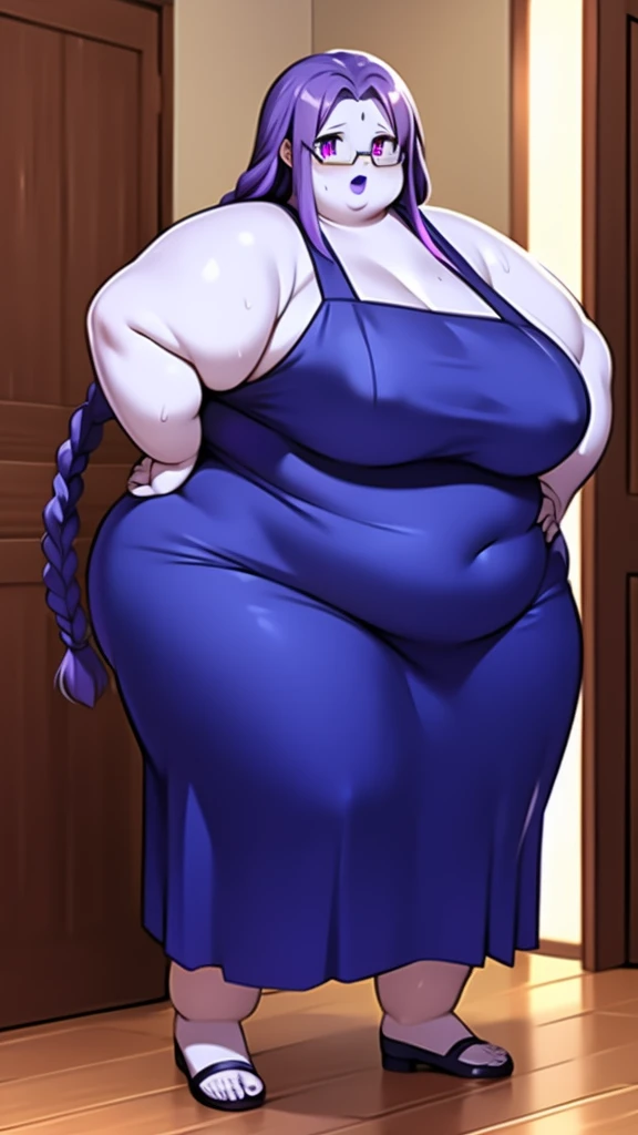 Anime Women, Lady、Forehead、Long braids down to the waist、Purple Hair、Glasses、Sharp eyes、Purple lips、Cobalt blue body、Cobalt blue skin、Are fat、Chubby、Voluptuous、obesity、Double chin、Thick neck、Big Breasts、Saggy breasts、Thick upper arms、Thick arms、thick fingers、Fat belly、Flabby belly、Thick legs、Big Ass、Brown Dress、Sweaty、Stand with your feet apart、Hands on hips、Embarrassed、School、Side Shot